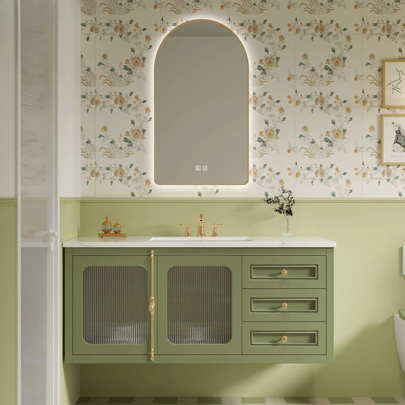 Retro avocado green bathroom cabinet combination modern solid wood washbasin hand washbasin bathroom cabinet