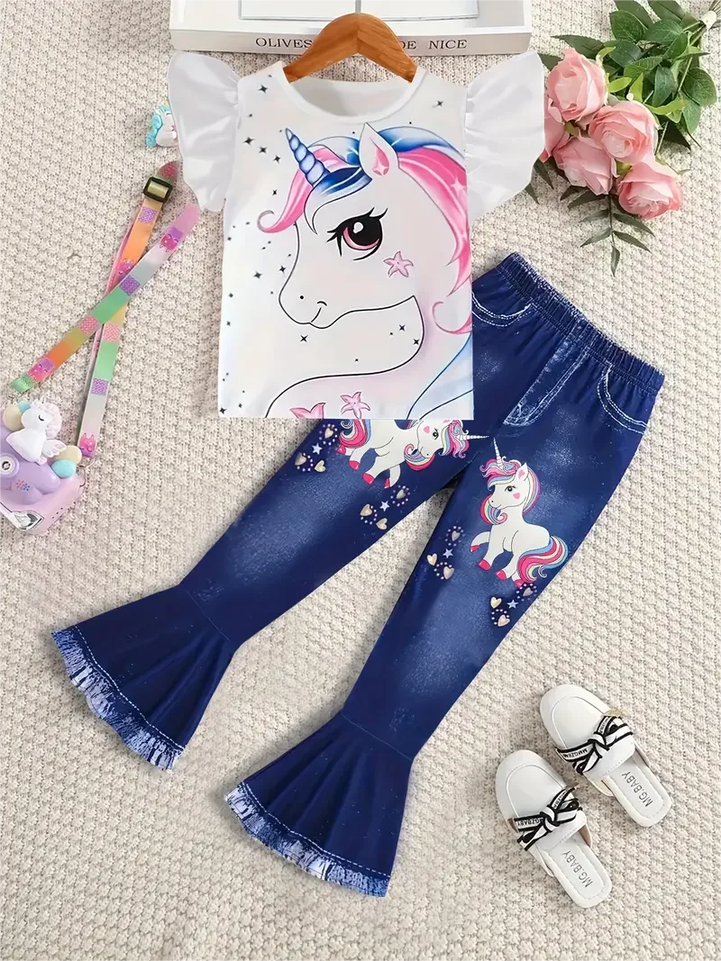 Summer girls fashion trend set, 2-piece peplum cartoon unicorn T-shirt and faux denim print bell bottoms