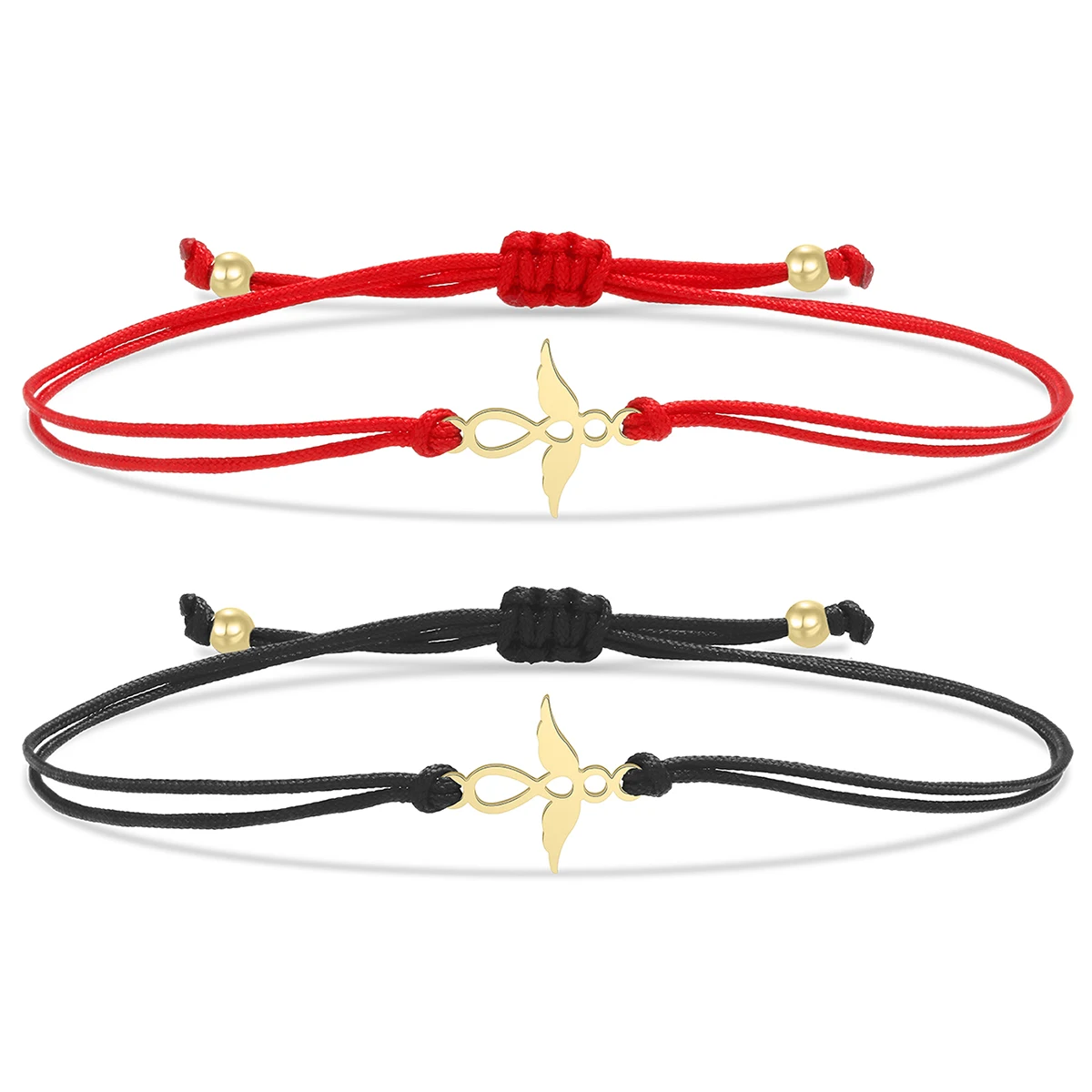 Gold-plated Stainless Steel Delicate Polished Nice Infinity With Angel Wing Lucky Charm Bracelet Women Black Red String Jewelry