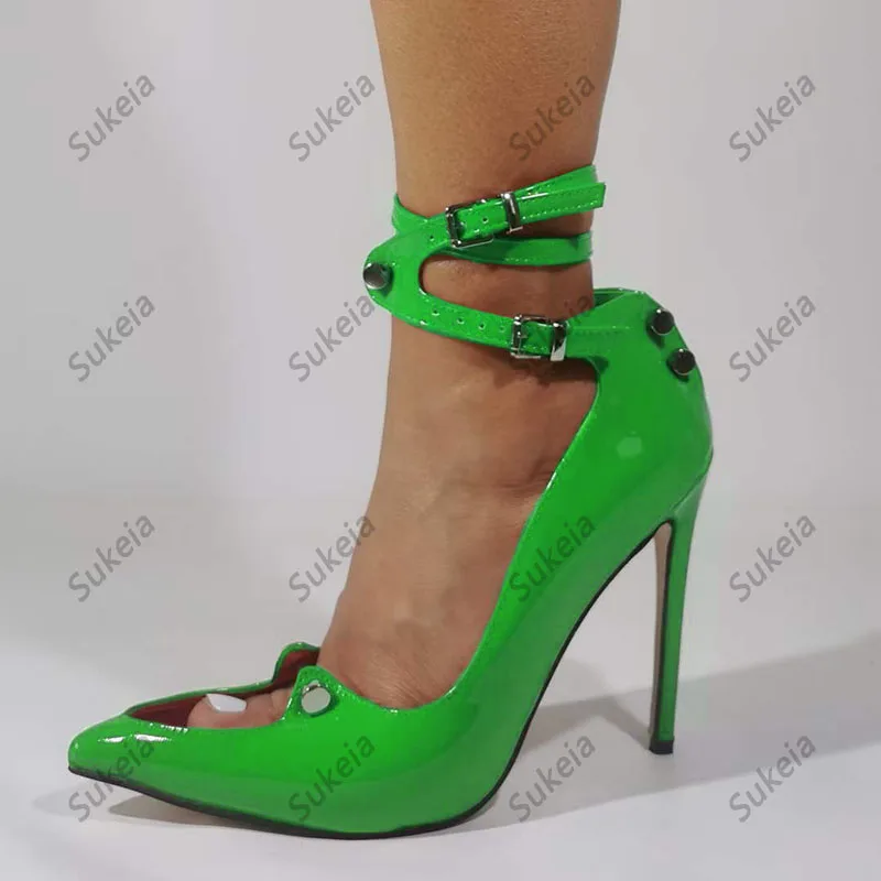 Sukeia New Arrival Women Pumps Glossy Patent Pointed Toe Fabulous Red Green Fuchsia Night Club Shoes Ladies US Size 5-15