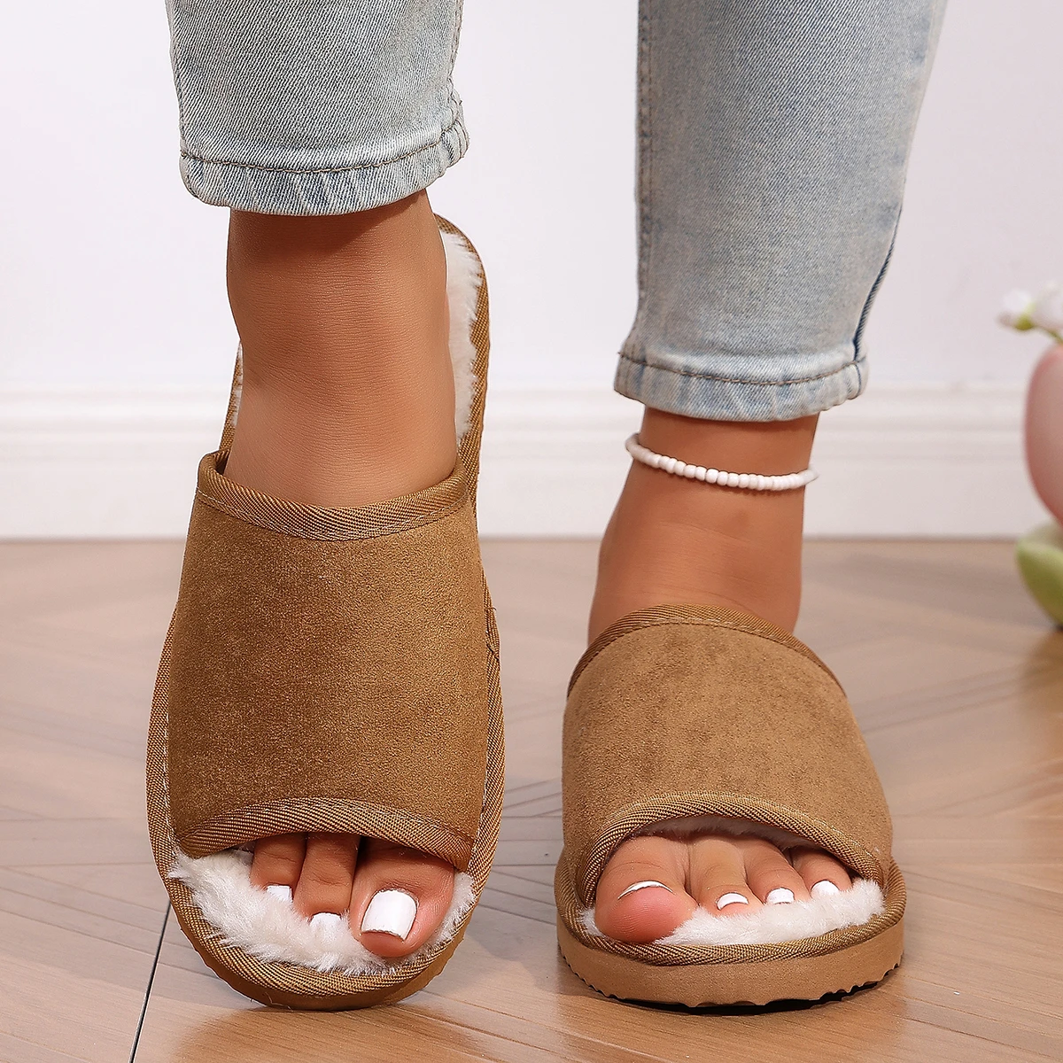 女性用オープントゥワンストラップファジースライドスリッパ、プ - Women'S Shoes Everyday のレビューと価格