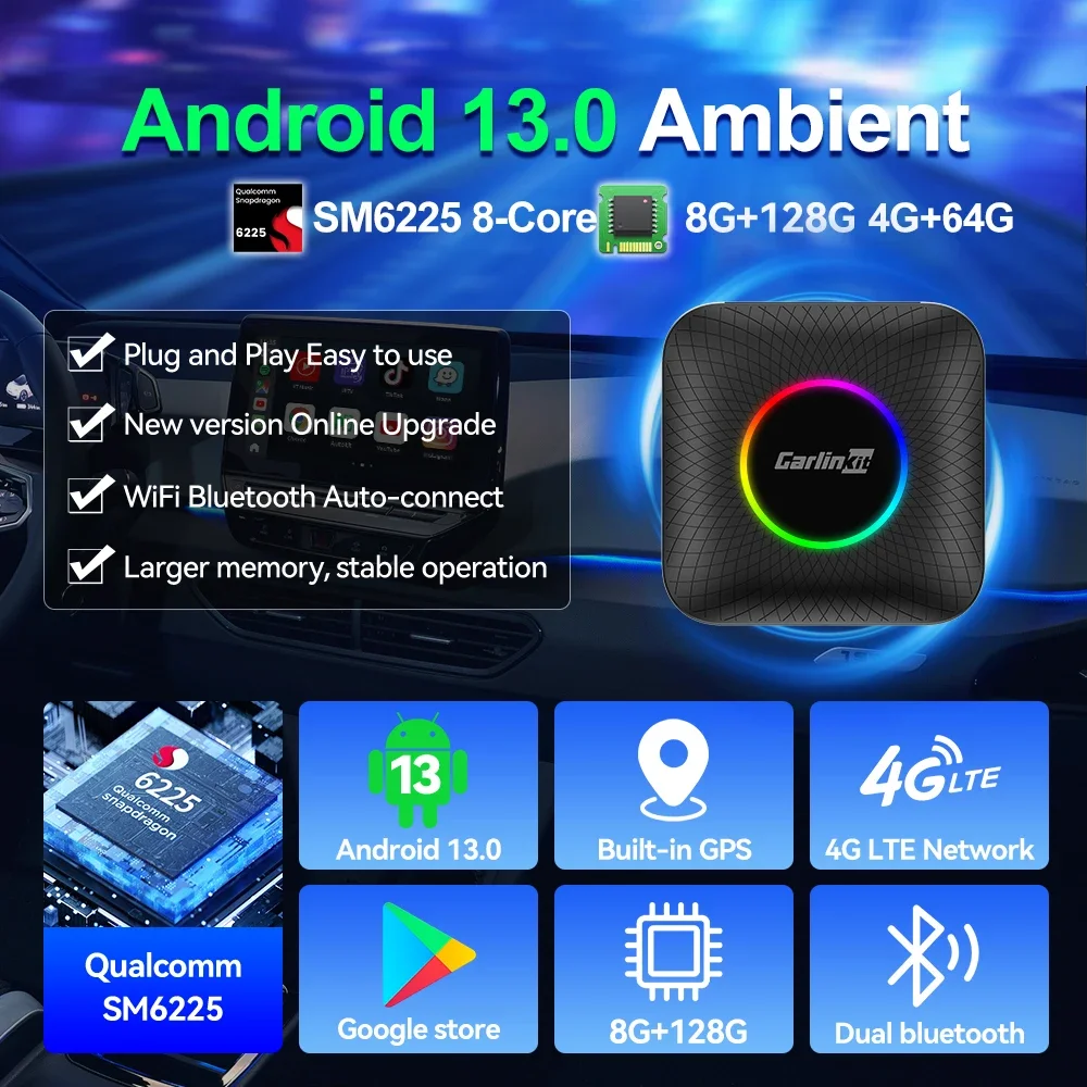 Android 13 CarlinKit CarPlay AI Box LED Qualcomm SM6225 Wireless CarPlay Android Auto Smart Car AI Box 4GLTE FOTA Upgrade 8G128G