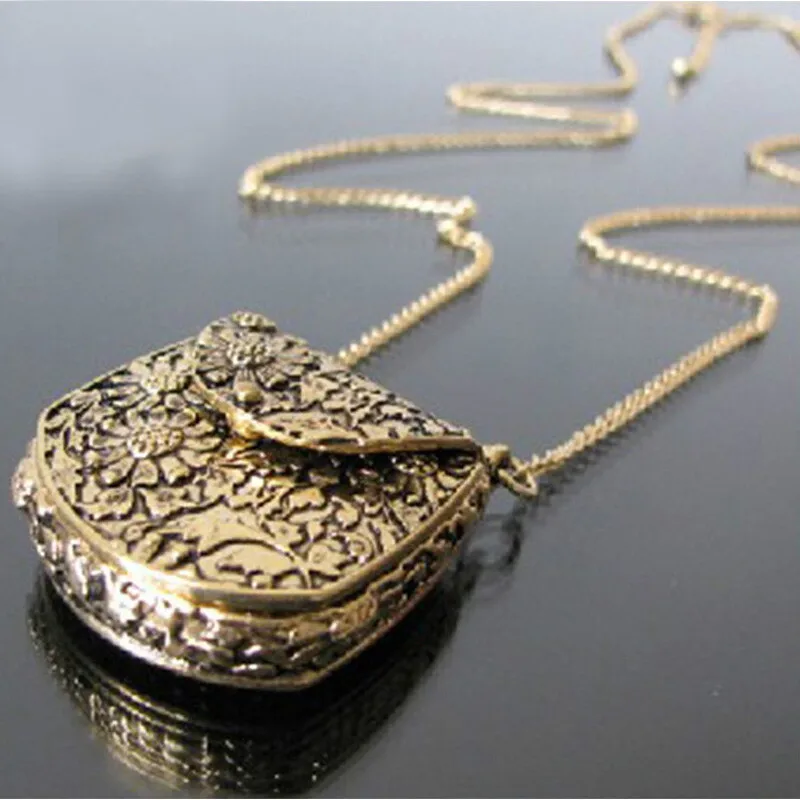 Long Necklace Bag Locket Box Carved Chain Personality Shape Pendant Vintage Necklaces Pendants Women Boho Hundred Matching