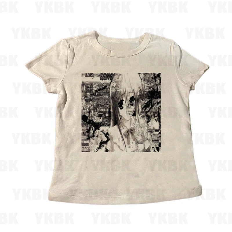 Harajuku النساء Y2K الشارع Harajuku موضة حار فتاة رداء علوي غير رسمي الصيف الرجعية القوطية الأبيض طباعة قميص الانمي فتاة حار ايمو