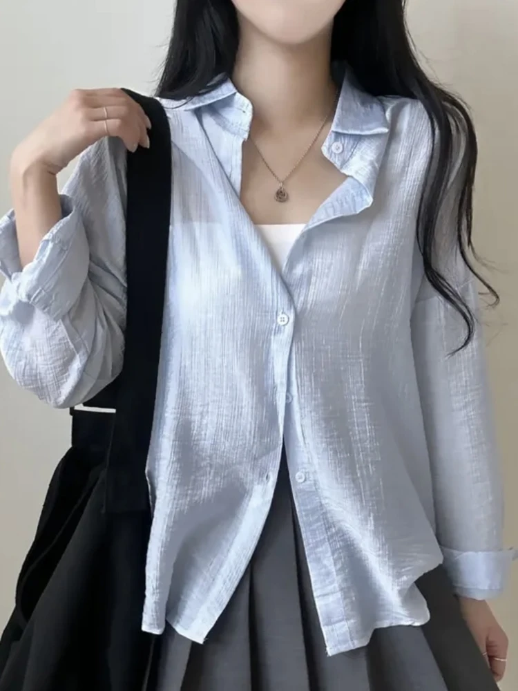Women's Long Sve irt Jaet Thin Vintage Turn-down Collar Single Button Chic Small Size Top Korean Sle Loose Fit Pure ...