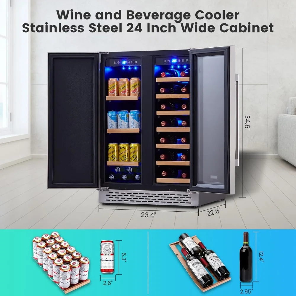 Nevera de vino de 24 pulgadas con Control de temperatura Digital de doble zona, puertas delanteras de vidrio e iluminación Interior, sostiene 18 botellas y 57 latas