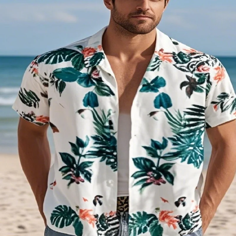 New men's vacation and leisure beachside Hawaiian Independence Day color-blocking printed short-sleeved shirt loose summer men's