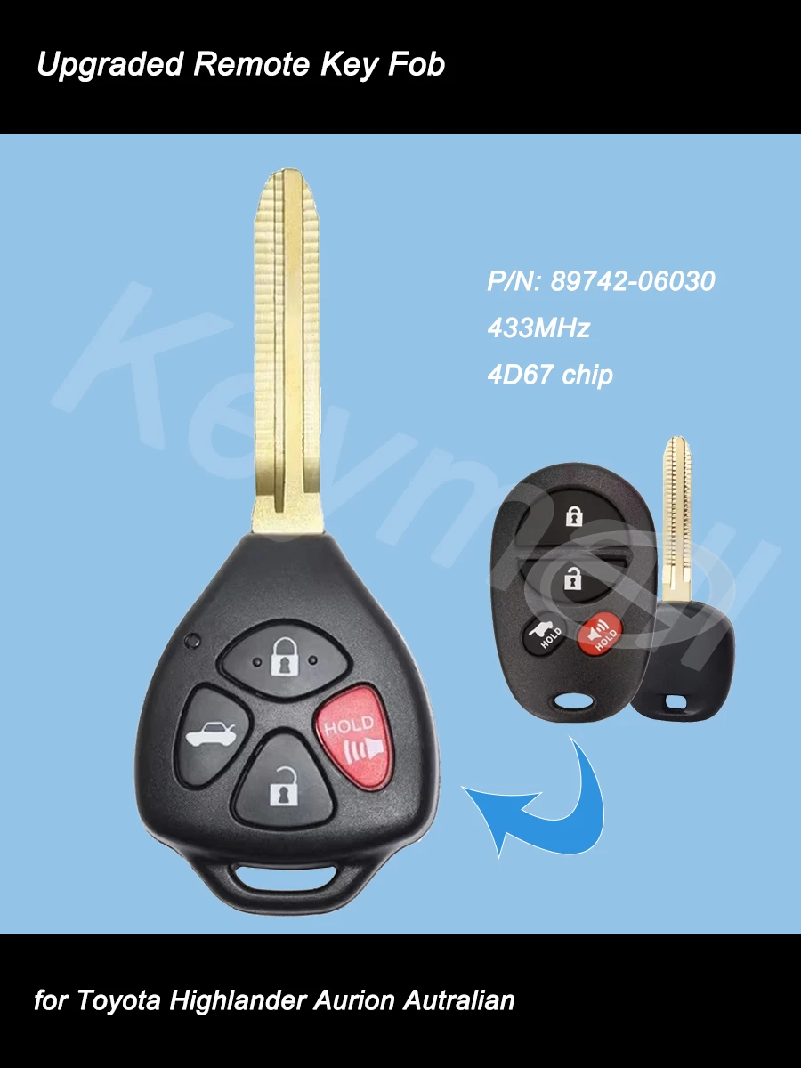 KEYECU Llave de coche remota mejorada con 4 botones 433MHz 4D67 Chip Fob para Toyota Highlander Aurion Autralian P/N: 89742-06030