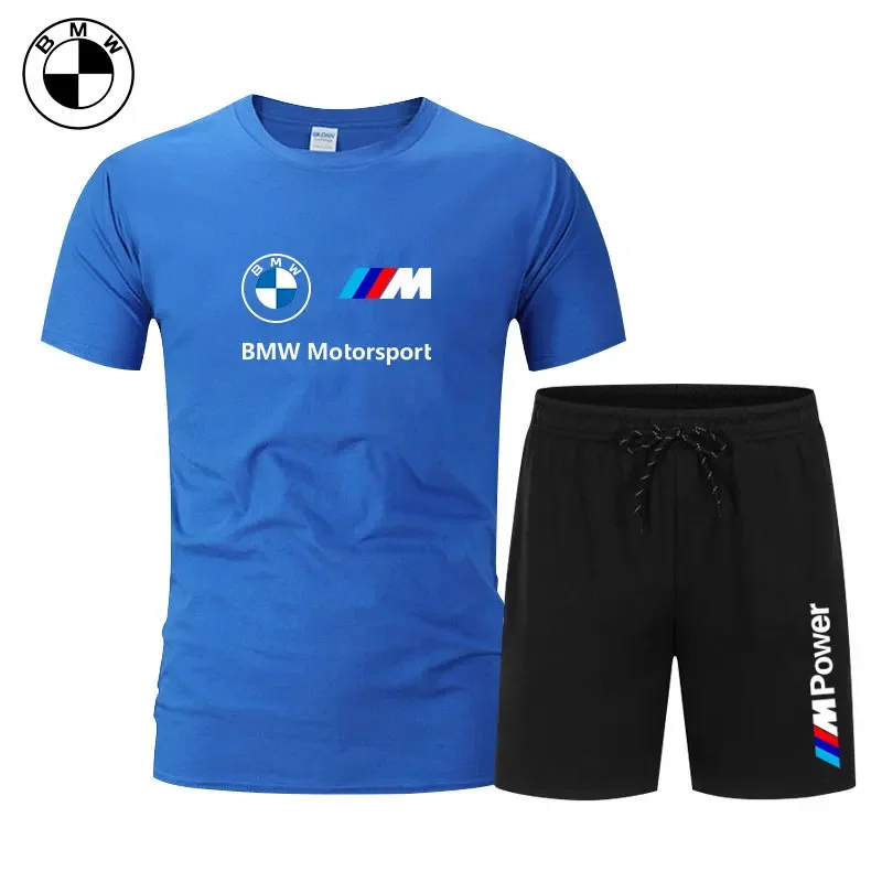 

Весенне-летний логотип бренда BMW с принтом мотоэнтузиастов с коротким рукавом, модный мужской комплект, повседневные футболки + шорты, уличный комплект