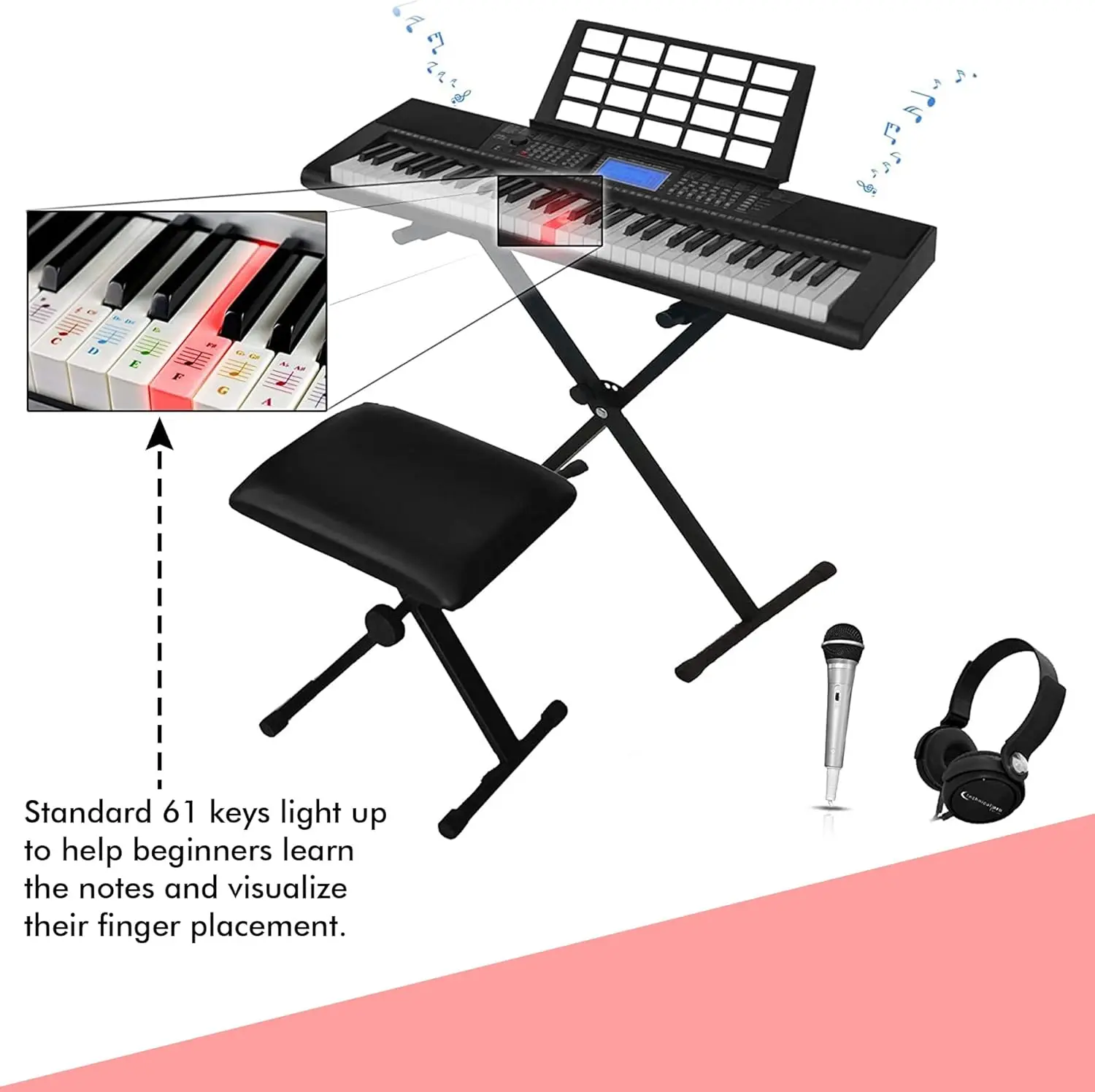 Pro 61 Keys Electric Piano Learning Keyboard Bundle with Seat, Stand and Mic, 3x Learning Mode, Built In Speaker Headphone, LCD