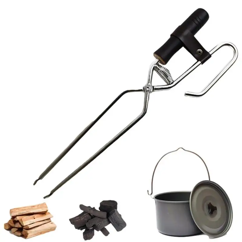 

Stainless Steel Spring Tongs Outdoor Barbecue Charcoal Clips Indoor Firewood Tongs Extended Solid Wood Handle Grabbing Tool