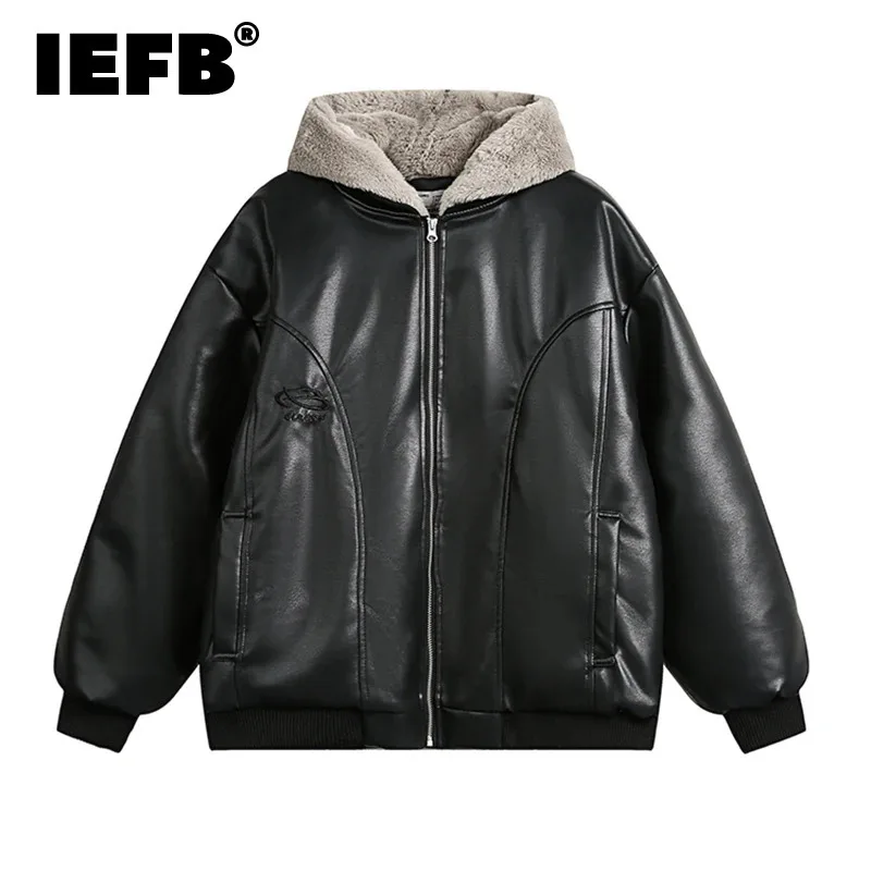 IEFB Niche Design Men's Padded Jackets PU Leather Plush Patchwork Hooded Thickened Fake Two-piece Casual Male Coats Tide CPG2228