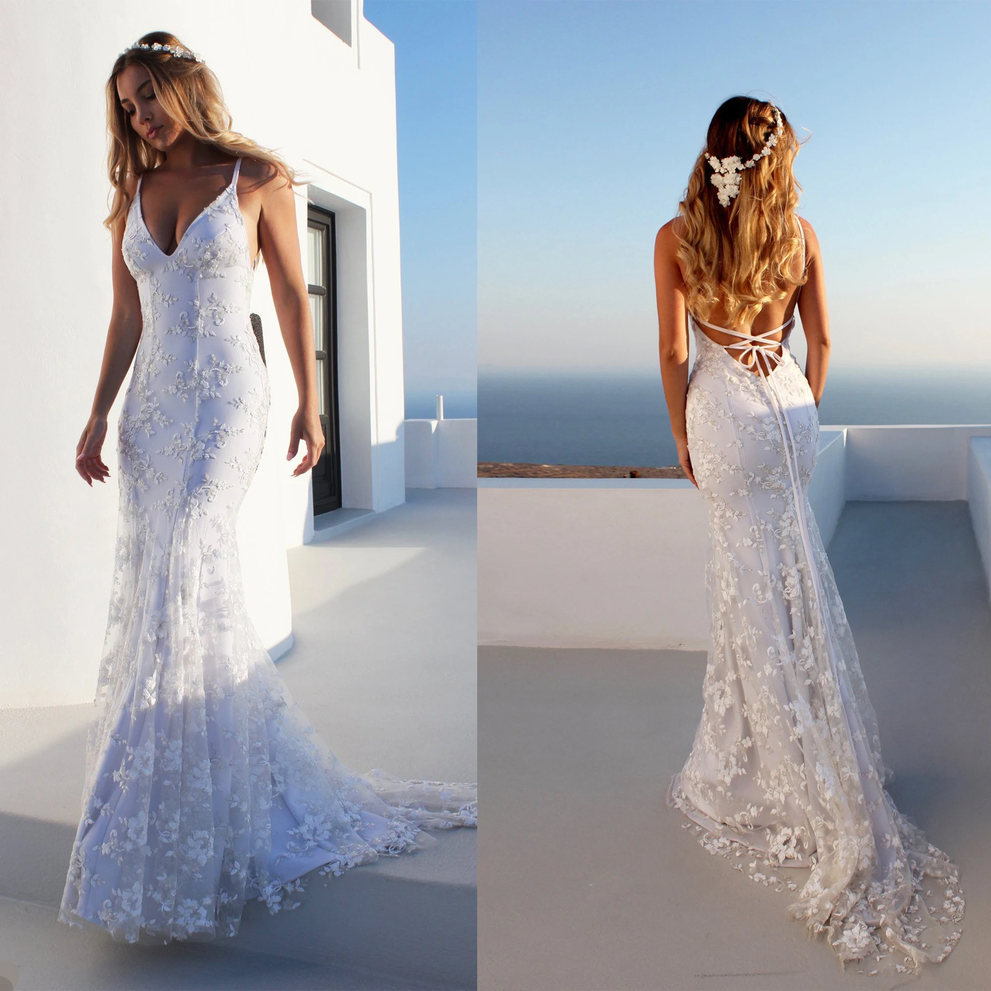 Sexy Mermaid Wedding Dress V-neck Spaghetti Strap Bridal Gown Sweep Train Appliques Backless Skirt in Stock