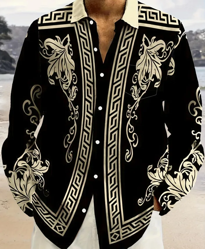 

New Men's Curly Grass Stripe 3D Printed Shirt Men's Lapel Long Sleeve Multi-Style Business Fashion Western Casual Vacation Top