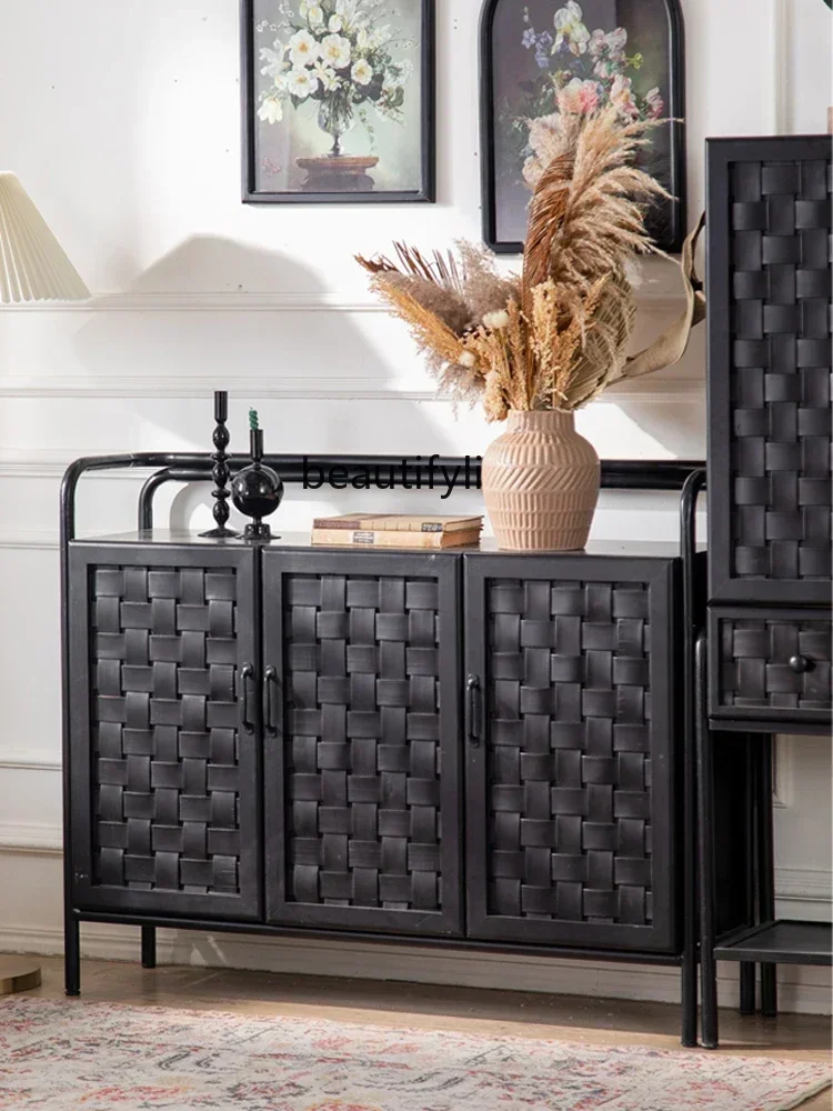 Modern Minimalist Black Door Entrance Cabinet Solid Wood Creative Woven Showcase Kitchen Sundries Cupboard Storage