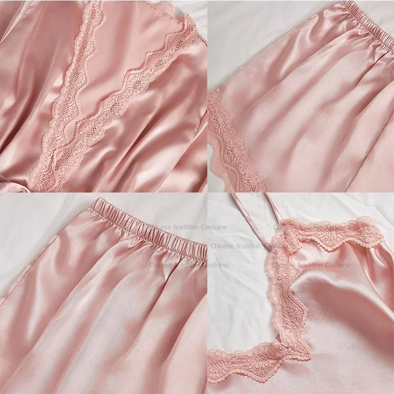 

Шелковый атлас, женская одежда для сна, пижамный комплект из 4 предметов, весенне-осенняя новая ночная рубашка, розовый кружевной халат, брючный костюм, домашняя одежда, свободная пижама