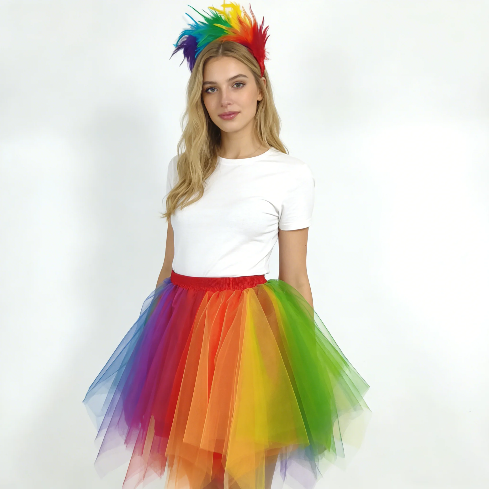 Regenbogen-Tutu-Rock mit Feder-Stirnband-Set, weicher Tüll, elastische Taille, perfekt für LGBTQ-Pride-Paraden, Halloween-Bühnenauftritte – Detail 2