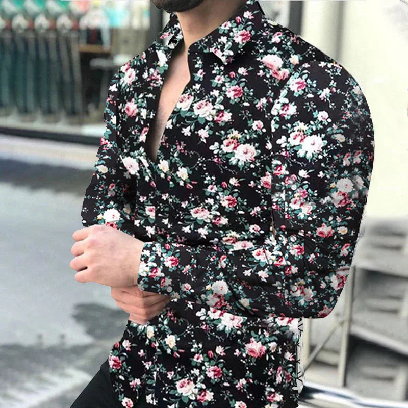 Men's Retro Floral Print Long Sleeve Shirt Men's Casual All-match Fashion Street Men's Shirt Lapel Single Breasted Long Sleeve