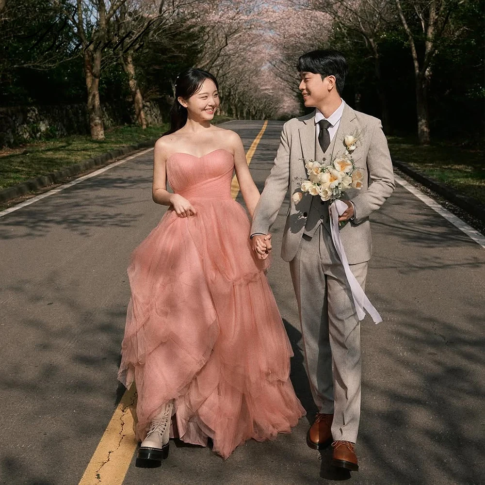 

Bowith Soft Tulle Korean Wedding Dresses Customized Sweetheart Collar Strapless Bridal Gown Women A-Line Evening Dresses