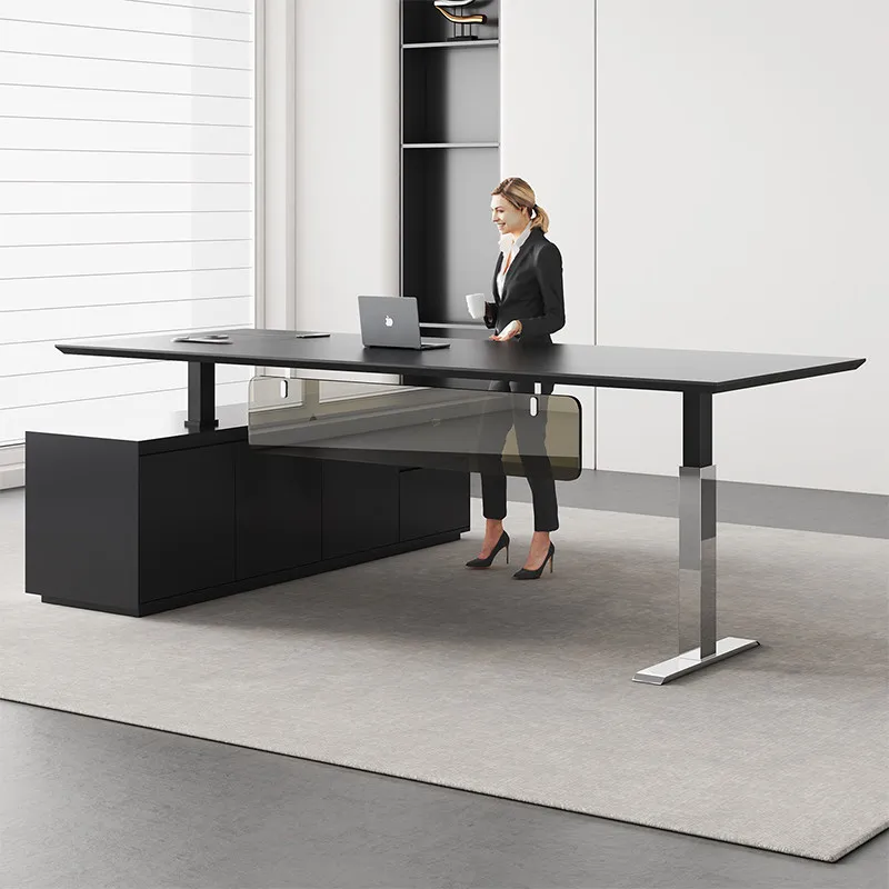 Electric Height Adjustable Executive Boss Desk Modern Smart Standing Office Desk with Side Storage Cabinet for Manager Workspace