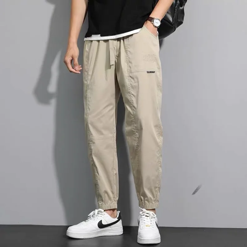 Pantalones Cargo de estilo fino de secado rápido, pantalones elásticos de cintura alta con cordón, bolsillos de retazos, pantalones sueltos de moda, estilo joven, Verano