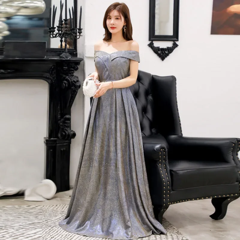 

Customized A Line Long Prom Dresses Off Shoulder Shimmering Floor Length Party Evening Dress Gowns