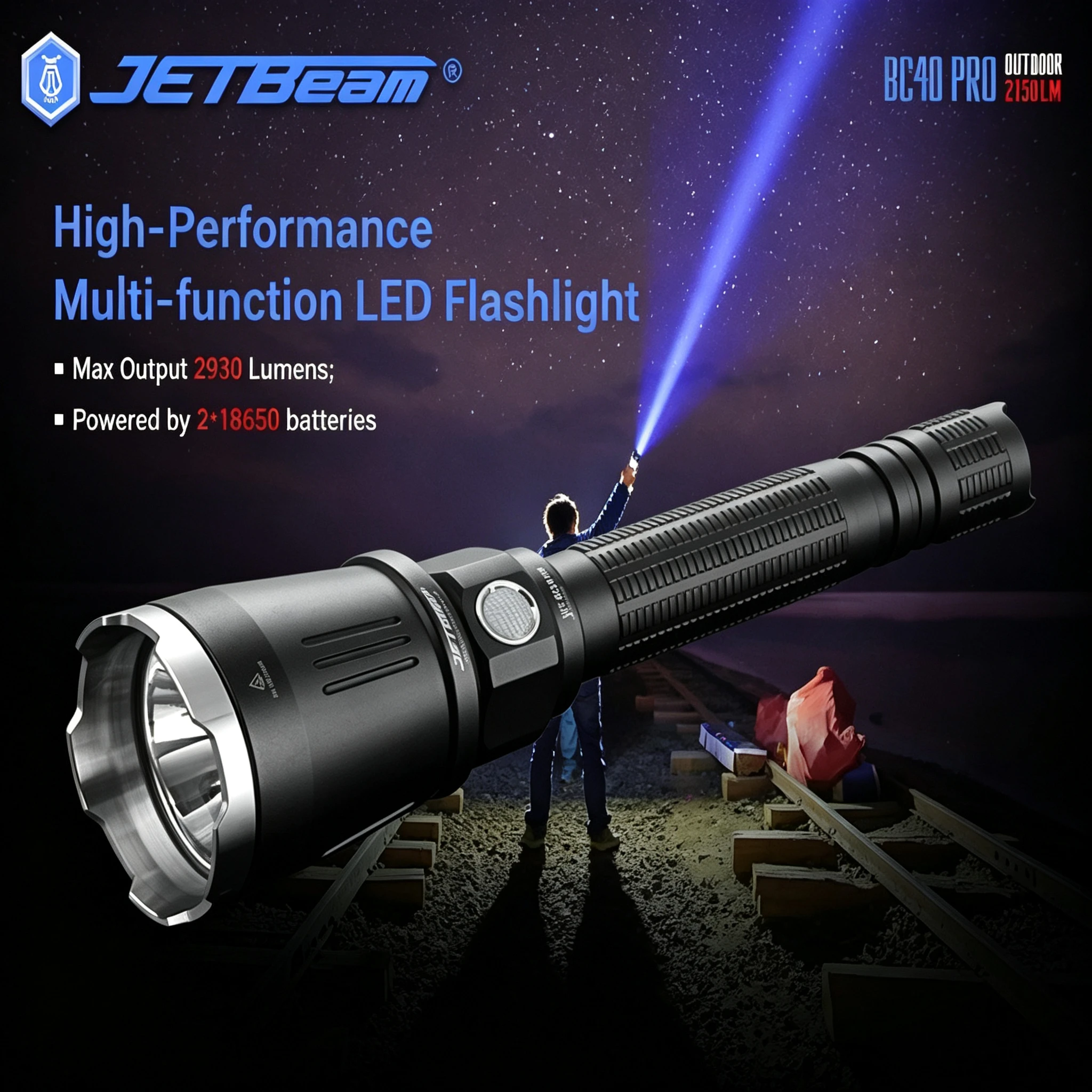 JETBeam BC40 PRO Hunting LED Flashlight XHP50 2930LM Beam Throw 347 Meter Torch Light with 18650 Battery for Searching
