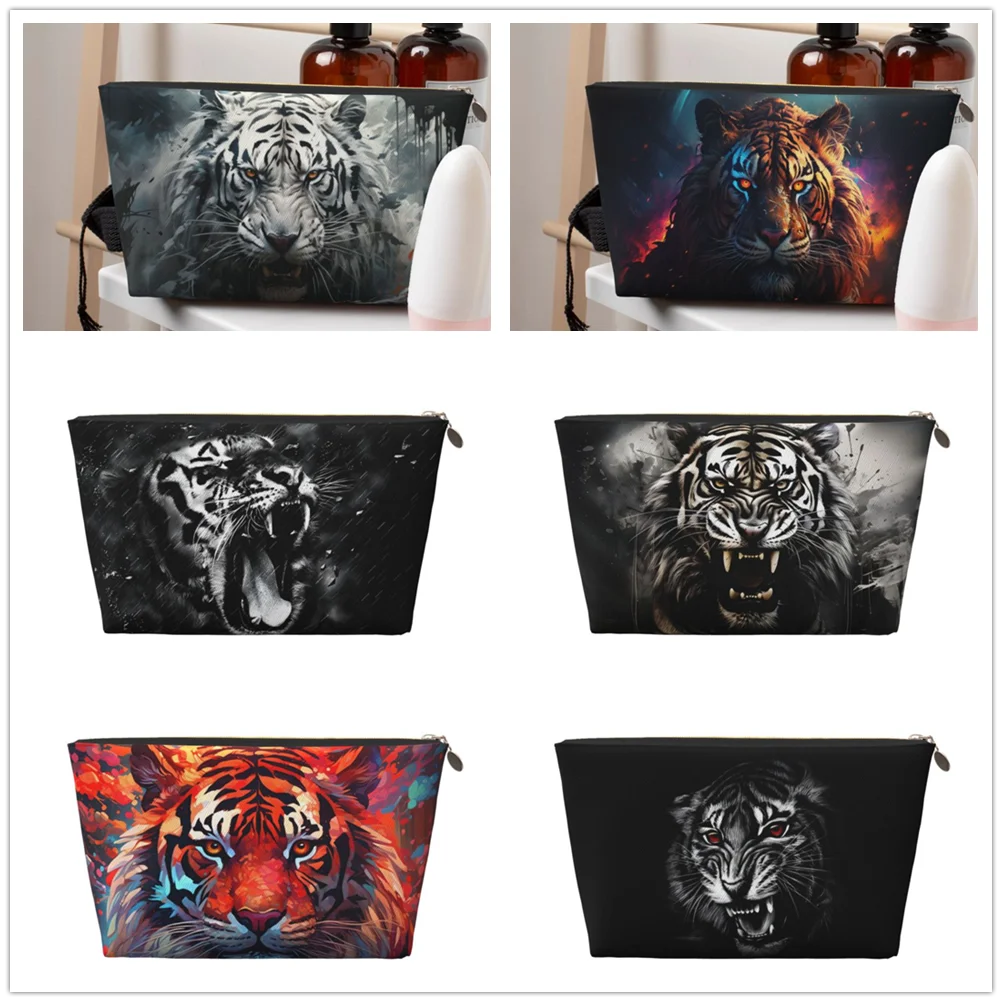 tiger Fierce animal Leather travel Toiletry Bag Makeup Bag Ladies zipper large print storage suitable for traveling