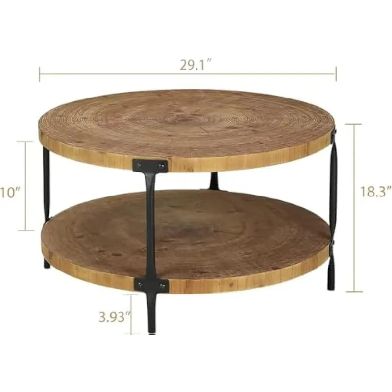 Mesa de centro redonda de madeira Boho - Mesa de centro de 2 camadas de madeira circular natural de fazenda de 29,1 ", móveis para sala de estar, natural