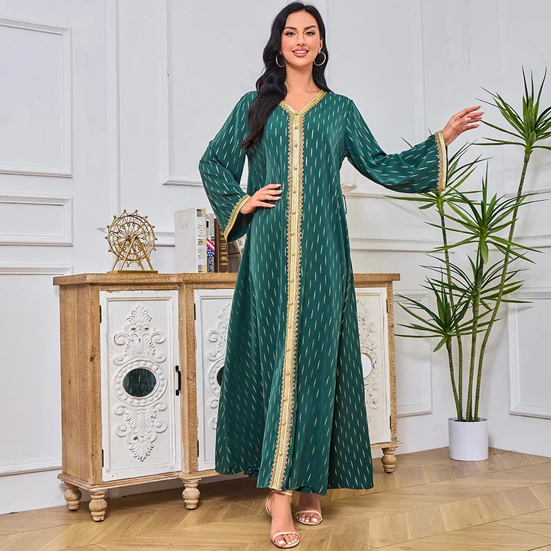 Spring 2024 New Middle East Cross-border Muslim Hot Robe with Gold Bead Tube Lace Slim Temperament Dress