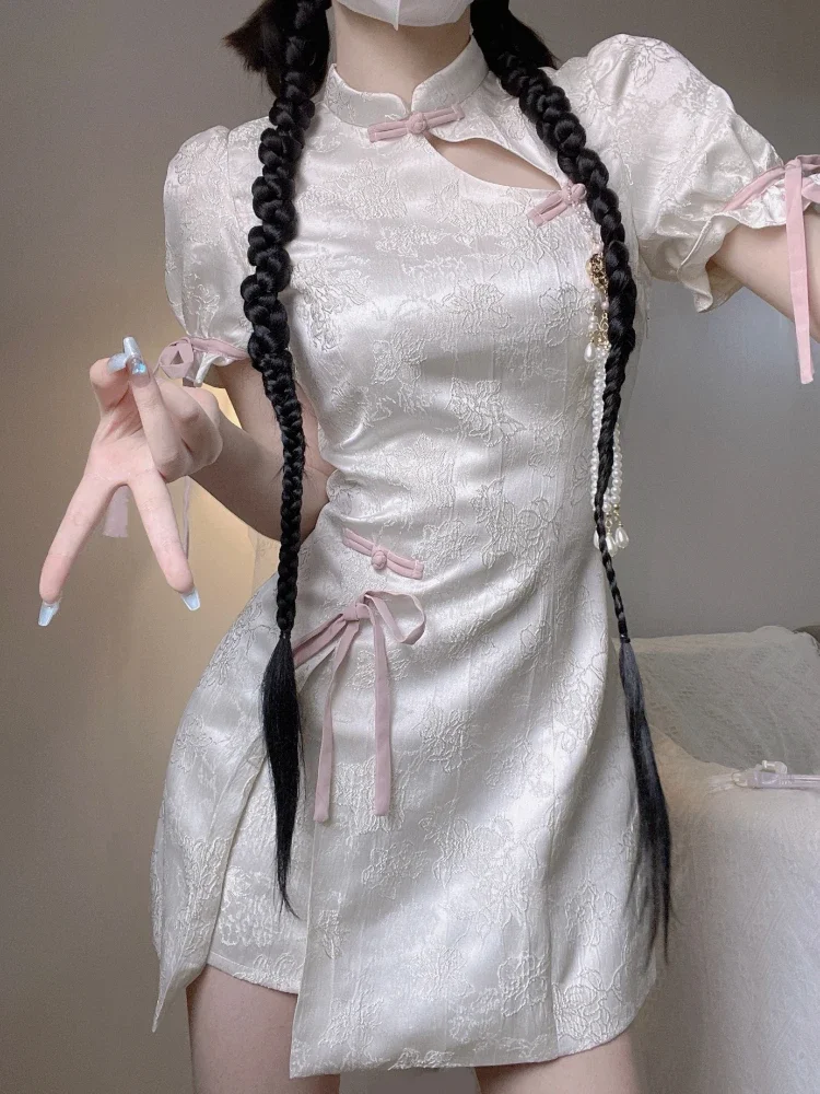 

2025 Harajuku Cheongsam Jurk Vrouwen Zoete Bloemen Boog Bandage Lolita Jurken Y2k Sexy Esthetische Bladerdeeg Mouw Vestidos