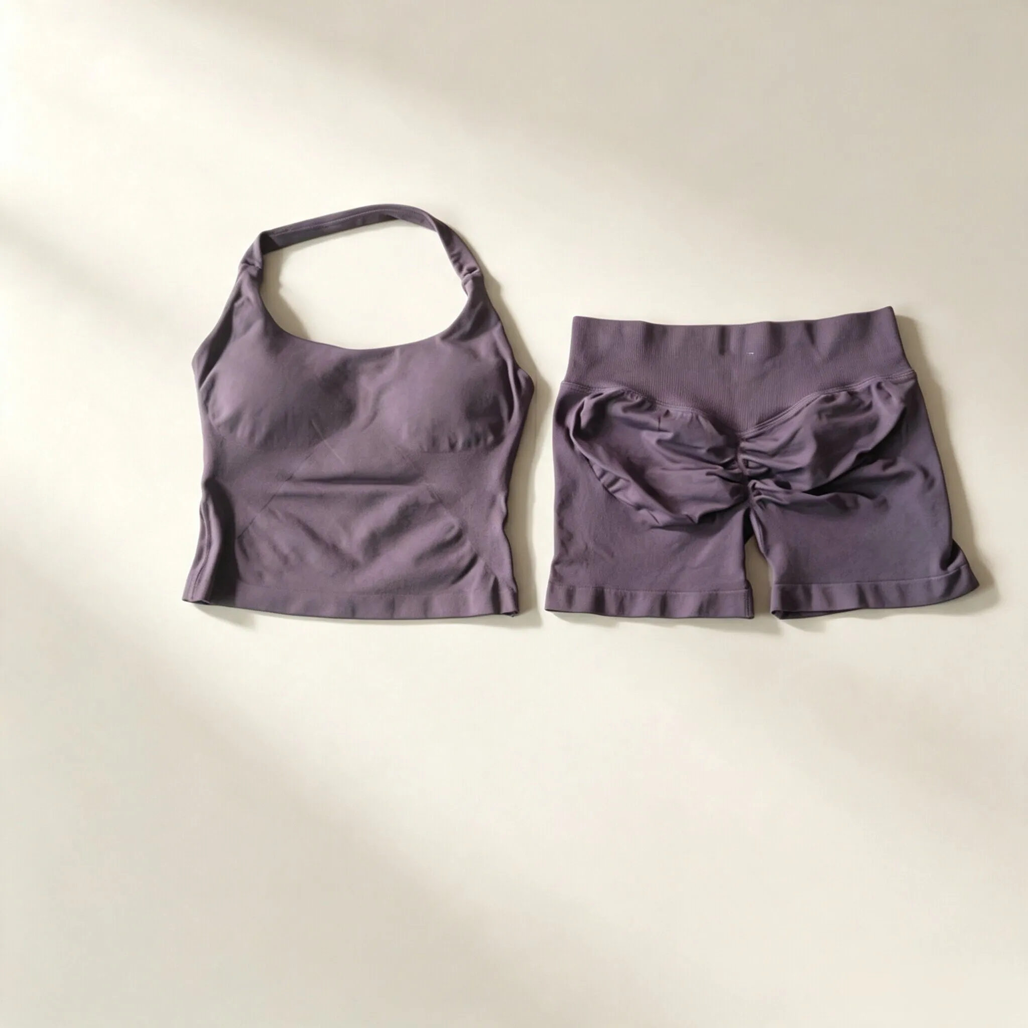 Dneyf 1D-3Y-2F Damen Neckholder Crop Sport-Top & Rüschen Scrunch Butt Shorts 2-teiliges Set Schnelltrocknendes Fitness Yoga Workout Outfit – Detail 22