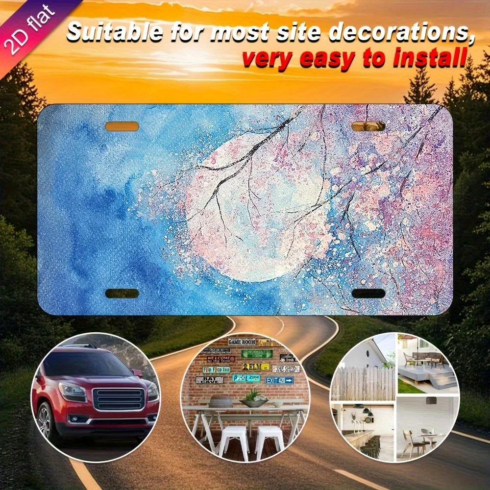 2D Flat Printing, 1pc, Moon and Cherry Blossom, 6x12 Inch for decoration only Aluminum Plate License Plate, Only for Decorative