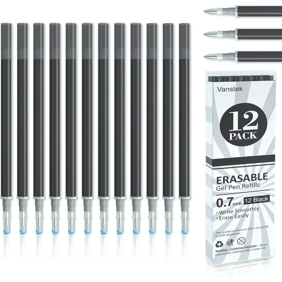 

12 Black Erasable Gel Pen Refills Gel Ink Refills Compatible with Erasable Pens Fine Point 0.7 mm Perfect for Writing Planner a