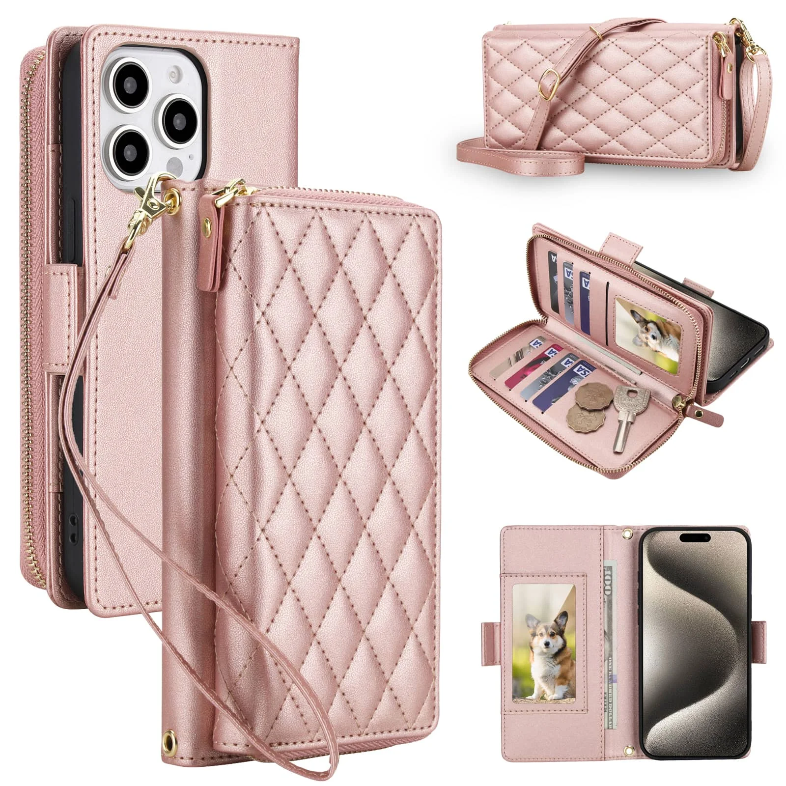 

WEFOR Crossbody Wallet Case for iPhone 14 13 12 11 Pro Max X XS XR SE 6 7 8 Plus, RFID Blocking Zipper Handbag Purse Flip Cover
