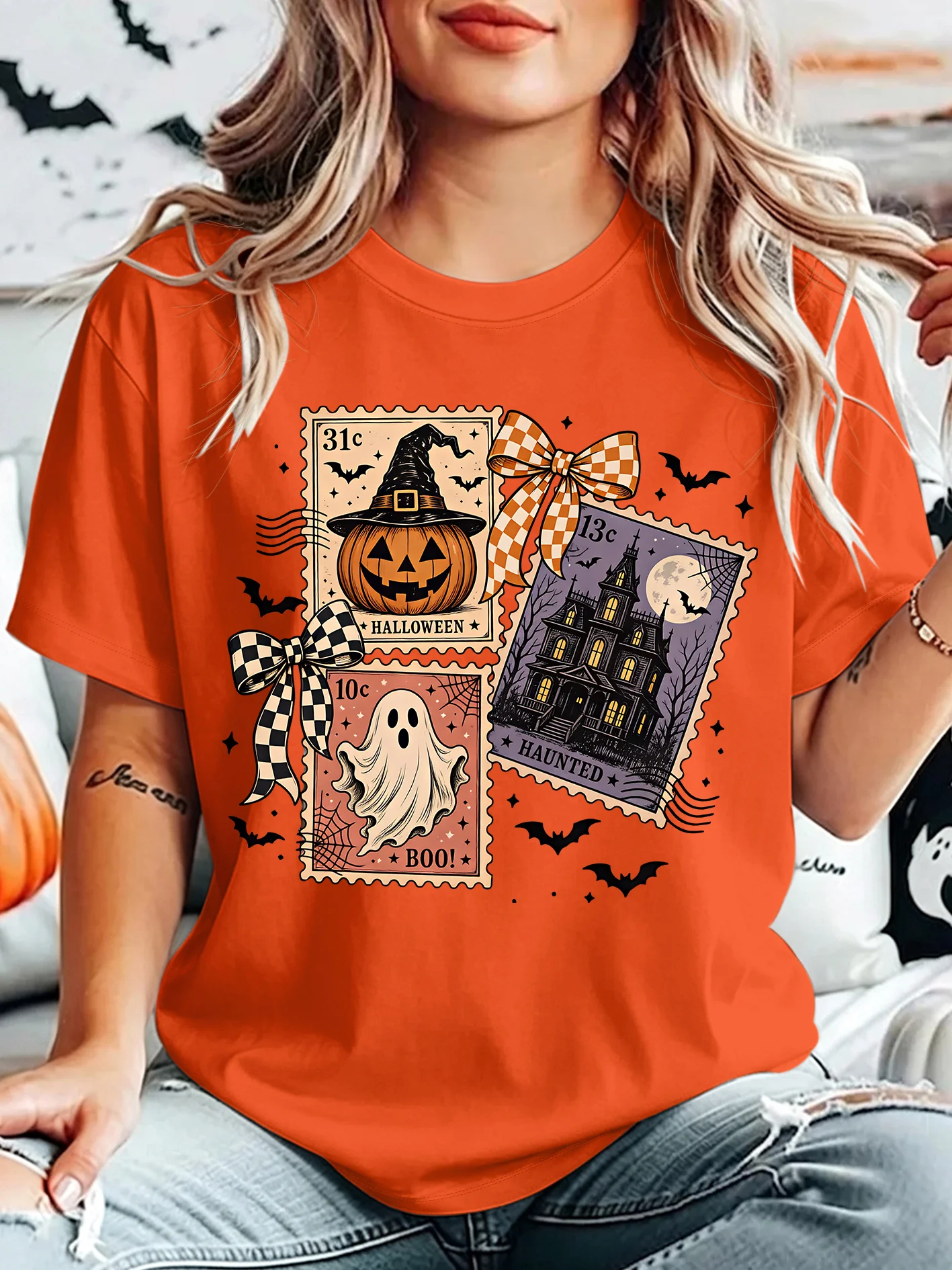 Vintage Halloween Stamp Pumpkin Ghost Haunted House Womens Crew Neck Short Sleeve T Shirt Bow Bat Casual Graphic Tees For Ladies