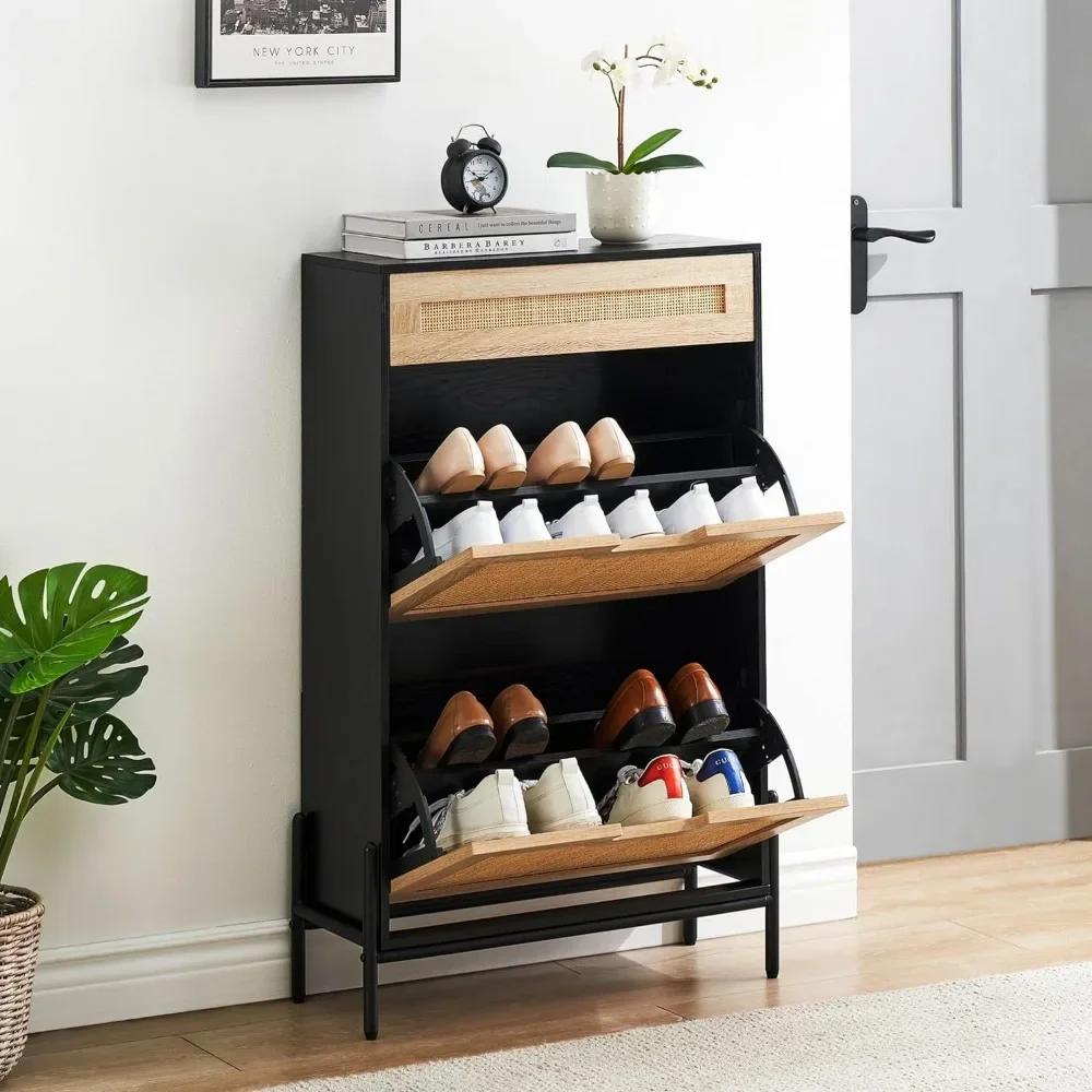 Natural Rattan 2 Flip Down with 1 Drawer Free-Standing Shoe Rack, Shoe Cabinet Wood Organizer Freestanding with 3-Tier Adjustabl