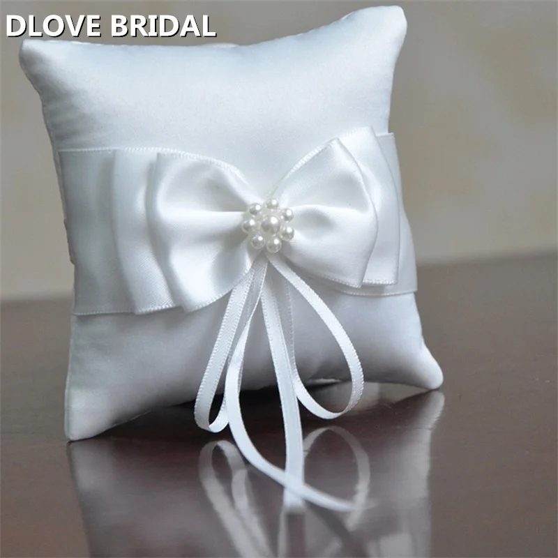 Double Bow Ribbon Romantic Ring Pillow Bridal Wedding Ceremony Pocket Ring Pillow Cushion Bearer with Ribbons Decoration