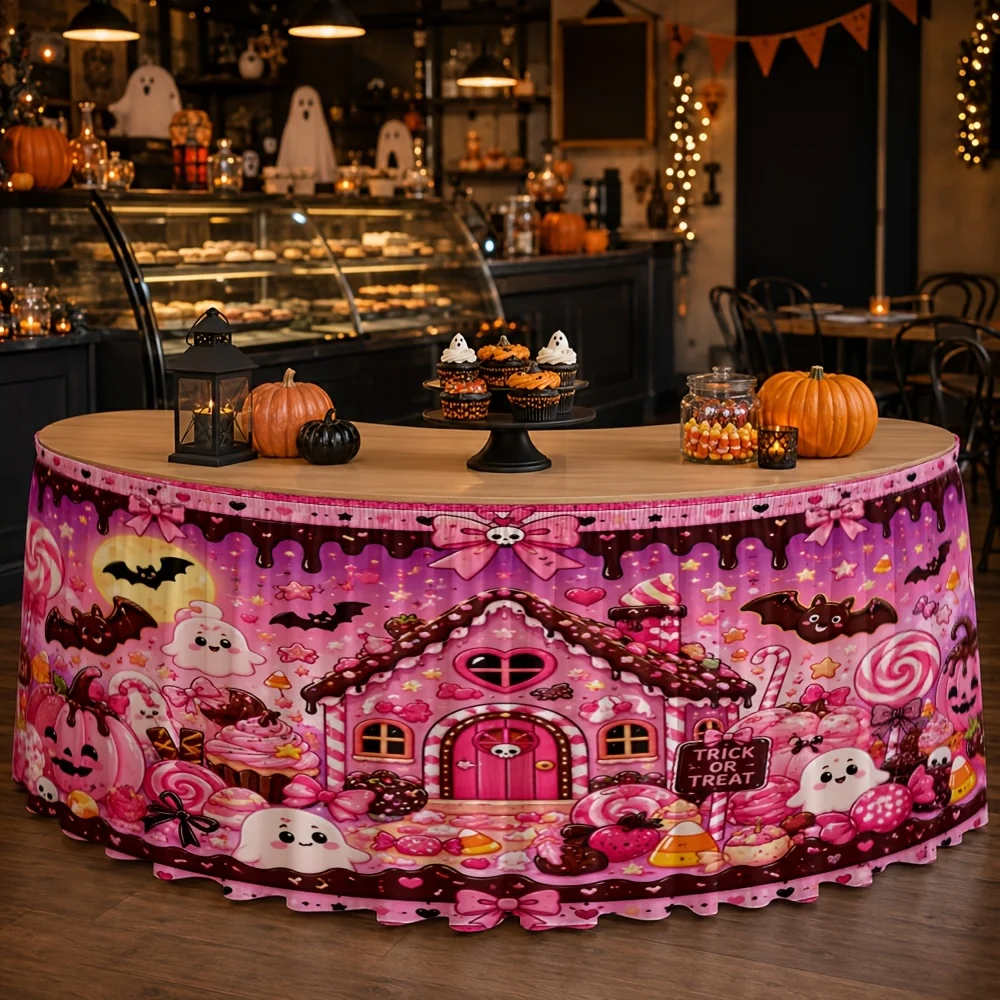 Halloween table skirt 1 piece: Polyester, Pink Candy House, Ghost Pumpkin, Bat, Lollipopxzj