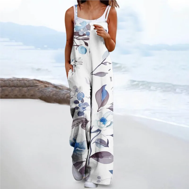 Women's Summer New Jumpsuits 2024 Fashion Sleeveless Wide Leg Loose Casual Pocket Printing Vintage Holiday Beach Lady Bodysuits