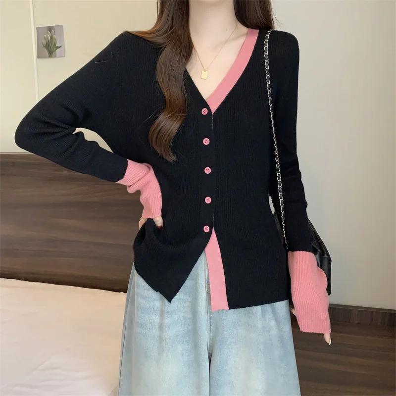 Women Long Sleeved Jacket Knitted Sweater Fashionable Design Style Splicing Colors Cardigan Buttons Loose Fitting Top V-neck