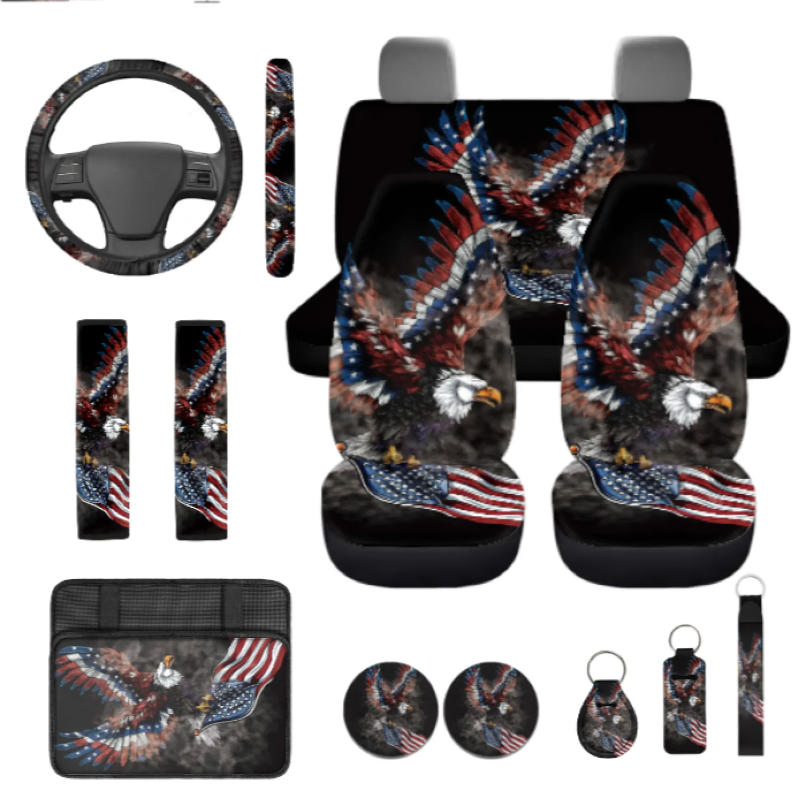 Coloranimal American Flag Eagle 13-Piece Car Seat Cover Set with Comfortable Seat Belt Covers and Keychain for Auto Interior