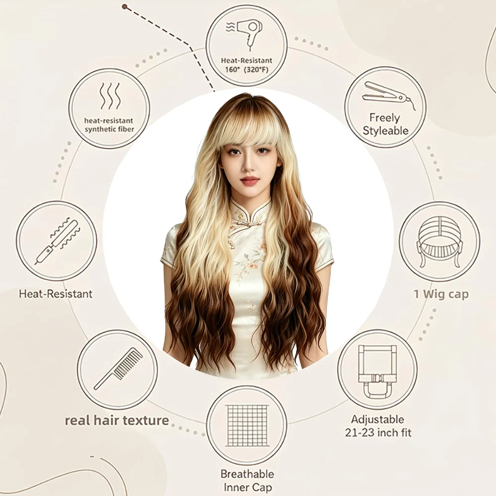 Ombre Brown Blonde 26Inch Long Wavy Curly Wig with Bangs Heat Resistant Synthetic Natural Looking Wig For Women Daily Wear Party