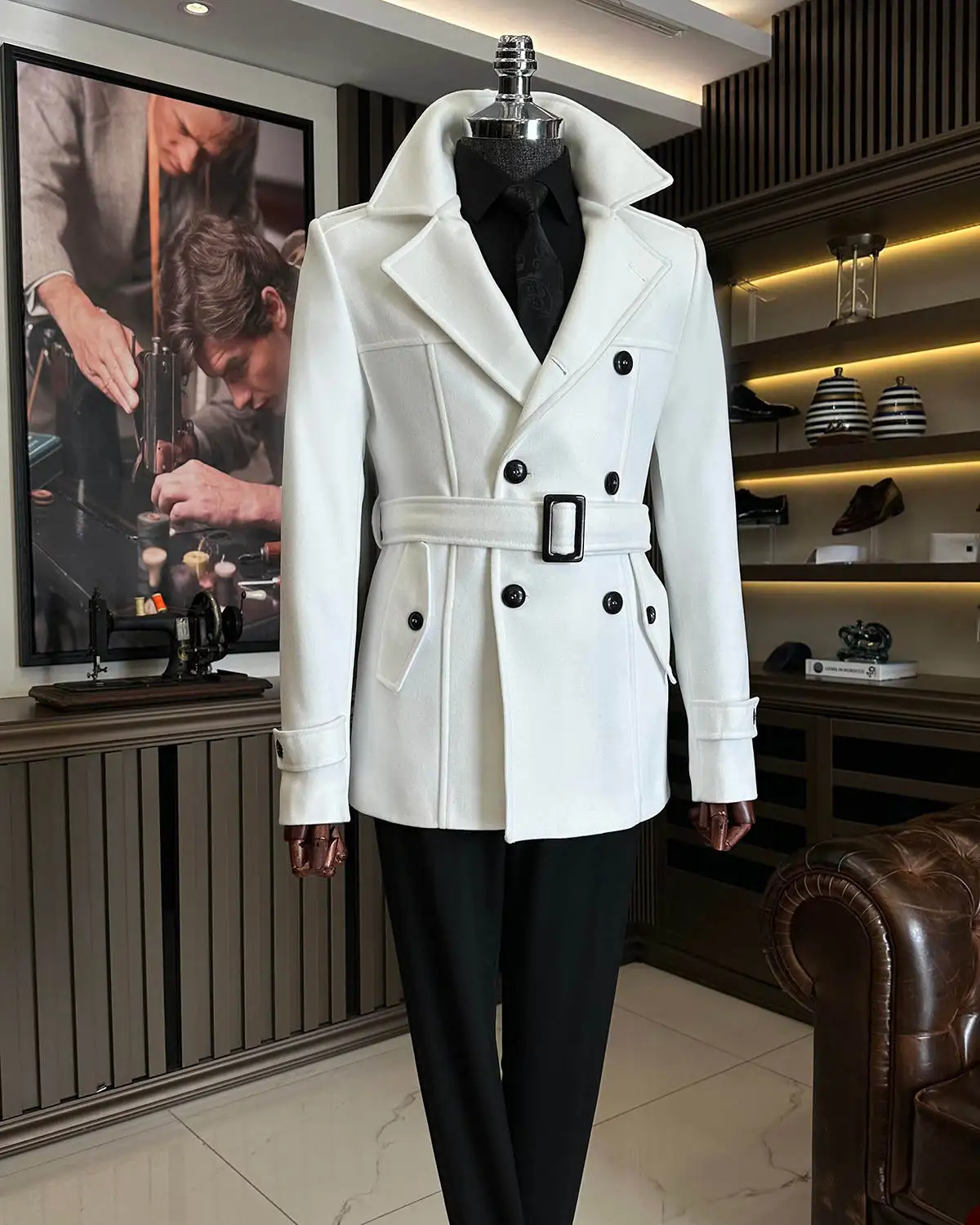 Mens Double Breasted Trench Coat Casual Lapel Collar Business Winter Long