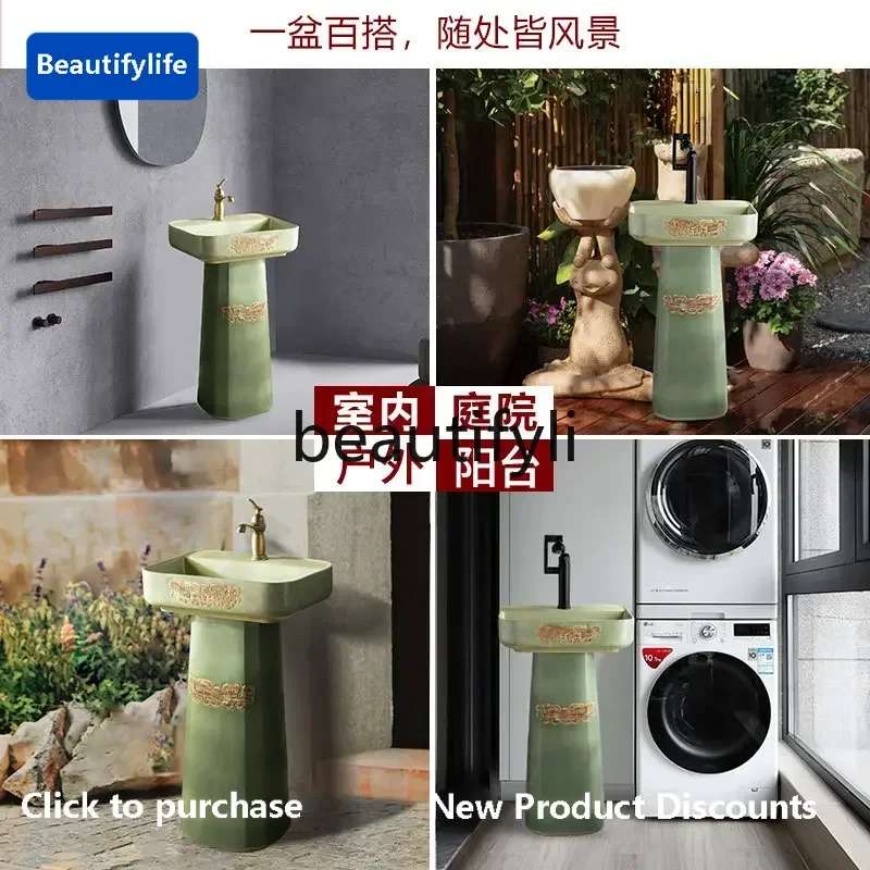 Hot sales  Chinese retro wash basin integrated small apartment column basin square outdoor yard wash basin