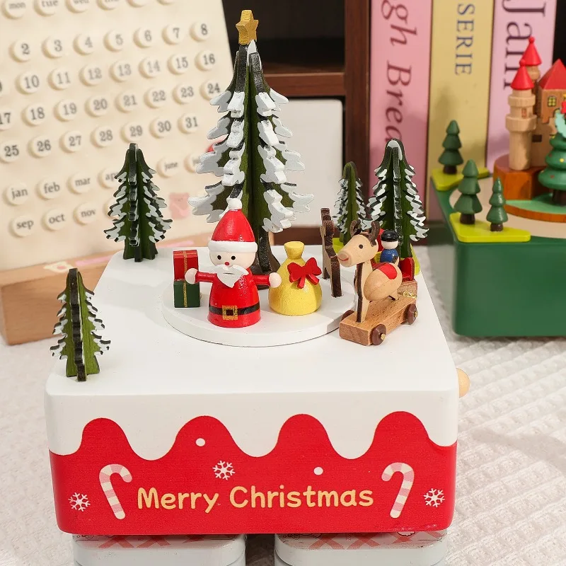 

Creative Wooden Christmas Deer Snowman Train Music Box Handmade Carousel Toy Home Furnishing Crafts Decor Birthday Gift for Kids