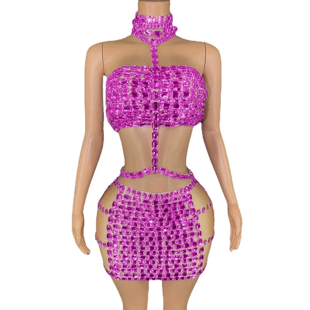 Rotterdam Kly Diamonds Halter Crop pour femme, jupe courte en Y, robe de soirée sexy, robe d'anniversaire, costume de danse, tenue de scène de performance