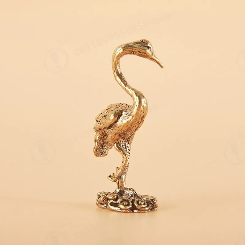 New Solid Brass Red-Crowned Crane Ornament, Antique Imitation Tea Pet Handicraft, Brass Statue for Desk Home Decor