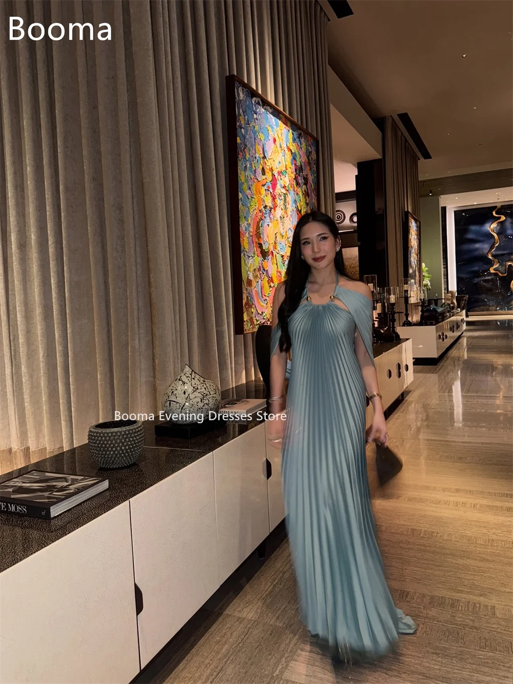 Booma فساتين أنيقة على شكل حرف A مكشوفة الكتف بدون أكمام باللون الأزرق فساتين حفلات رسمية للنساء مطوي فستان حفلات بسيط حسب الطلب