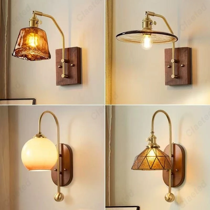 European Simple Retro LED Glass Wall Lamp Bedroom Bedside Lamp Living Room Study Reading Decorative Lighting